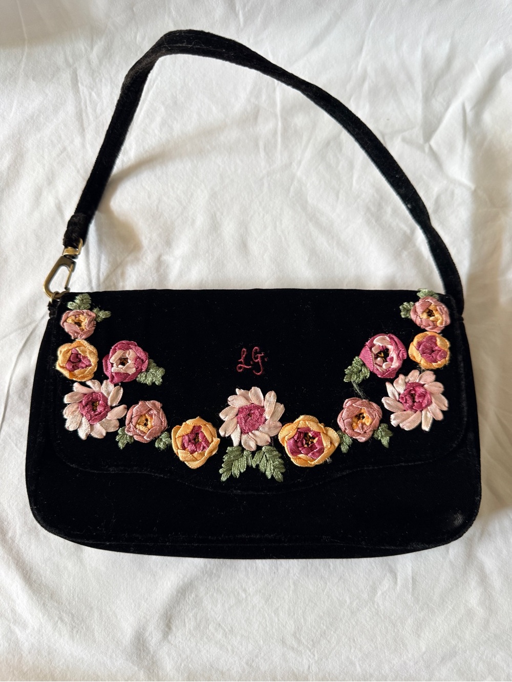 Vintage Lulu Guinness Black Velvet Shoulder Bag with Floral Embroidery